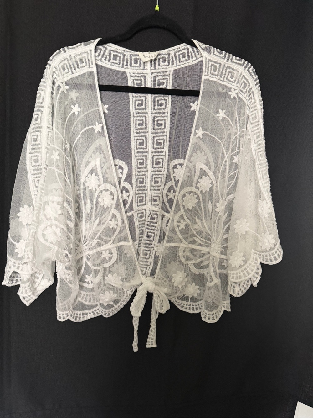 Sheer White Embroidered Tie-Front Kimono